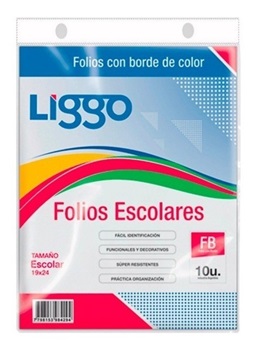 Folio Plastico Liggo Escolar Borde Color X10